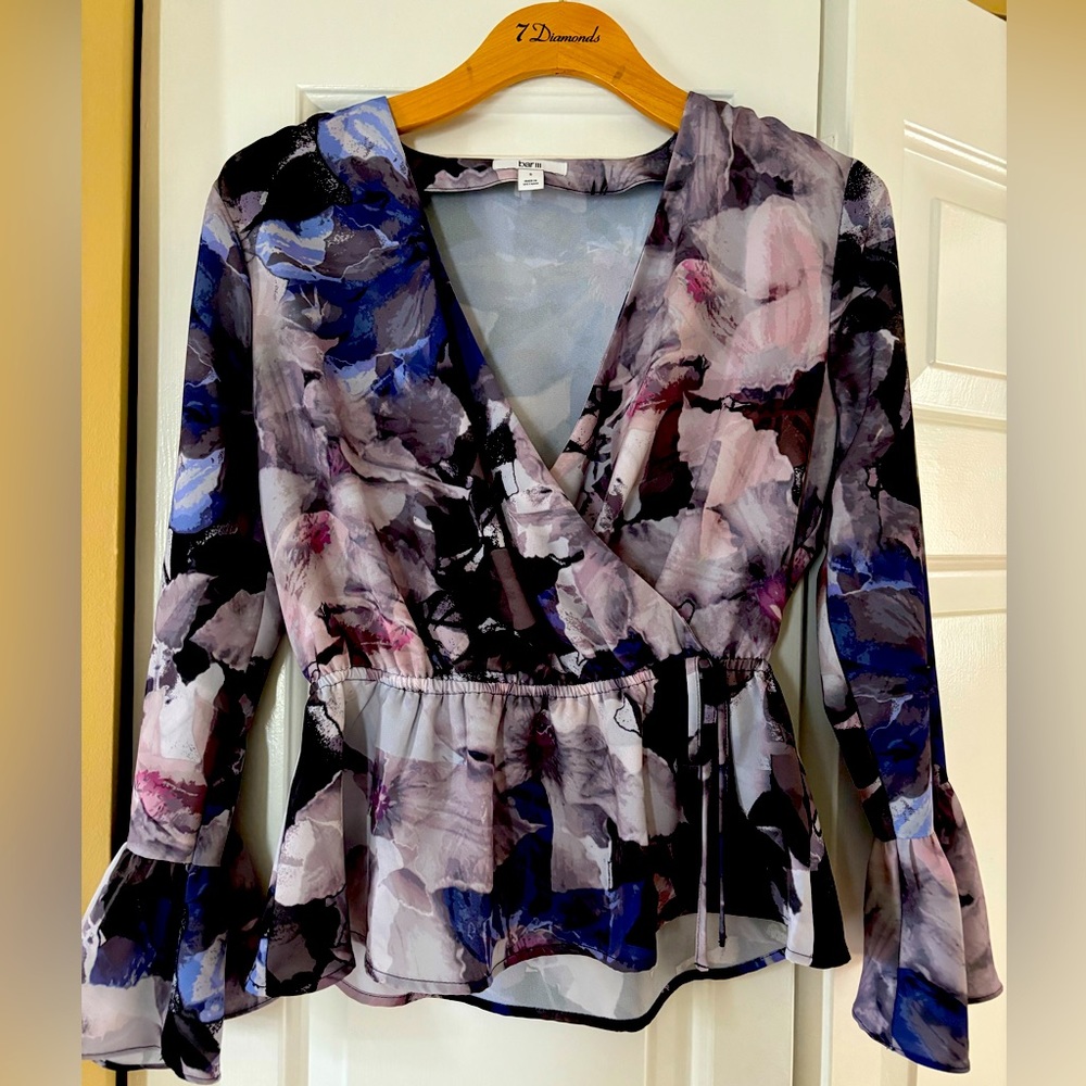 Long sleeve top, purple flower print, size small
